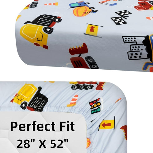 FIGEPO 4 Pack Set Baby Boy Crib Sheets Soft Fitted Baby Boy Mattress Covers Construction Truck or Dinosaur Theme