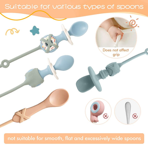 Toddler Utensils, Silicone Stretch Lids for Fork and Spoon, Food Grade Silicone Holder Strap, Dishwasher Safe (Apricot,