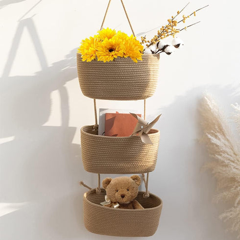 3-Tier TeoKJ Over the Door Hanging Basket, Woven Cotton Wall-Mounted Storage Organizer Bag Decorative Hanging Nursery