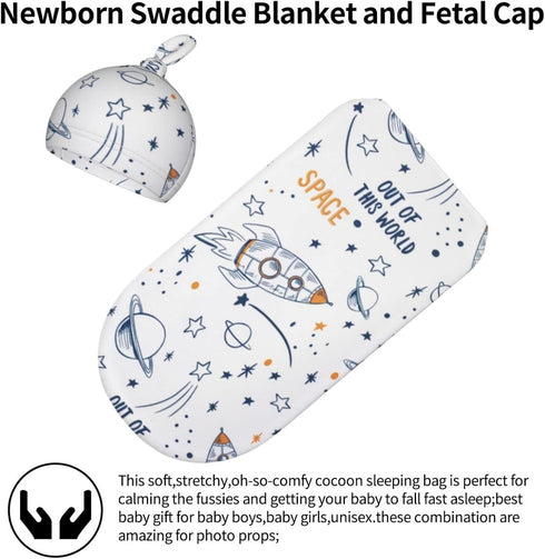 Space Baby Stuff Swaddle Blanket with Beanie Set, Soft and Stretchy Cartoon Rocket Baby Receiving Blanket Swaddle Sack for Boy and Girl by Osvbs