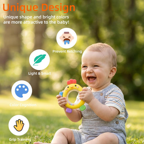 SLUQQHDU 0-6 6-12 Baby Teether Rattle Toy,Babies Teething Rings Toys for Months,Chicken Shape Textured Silicone Chew