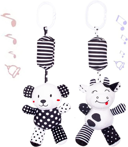 Baby Car Seat Toys - Black White Stroller Toy Stretch Plush Toys for Crib Mobile - Newborn Sensory Toy