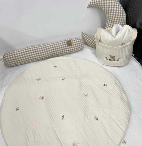 MOJUN 33.5" Baby White Bear Embroidered Play Mat, Cotton Crawling Mat, Detachable Washable Floor Rug Soft Kids Room