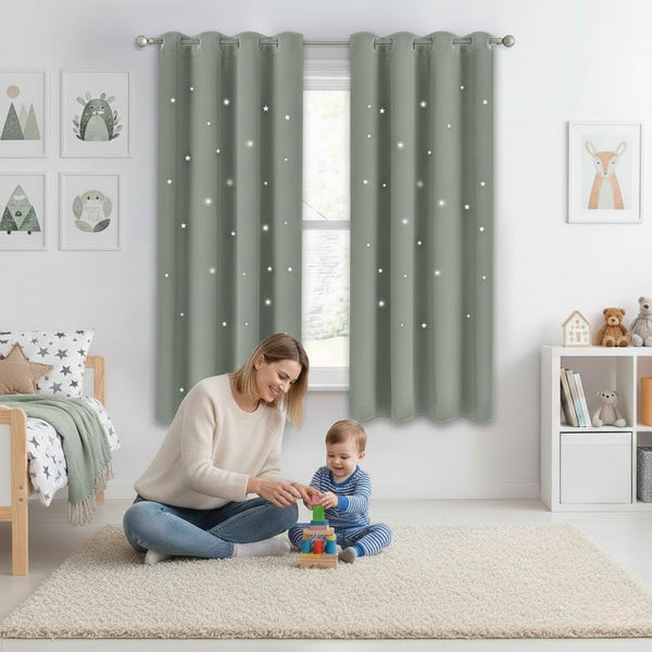 NICETOWN Sage Green Nursery Blackout Curtains with Star Hollow Out for Girls