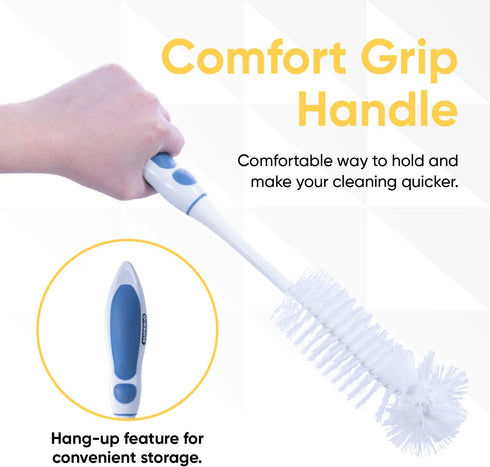 Superio Long Bottle Brush Scrubber, Blue and White Baby Bottle Brush with Rubber Grip Handle