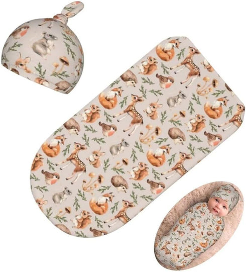 Qiankang Cartoon Animals Newborn Swaddling Blanket Beanie Hat Sets Soft Baby Receiving Funny
