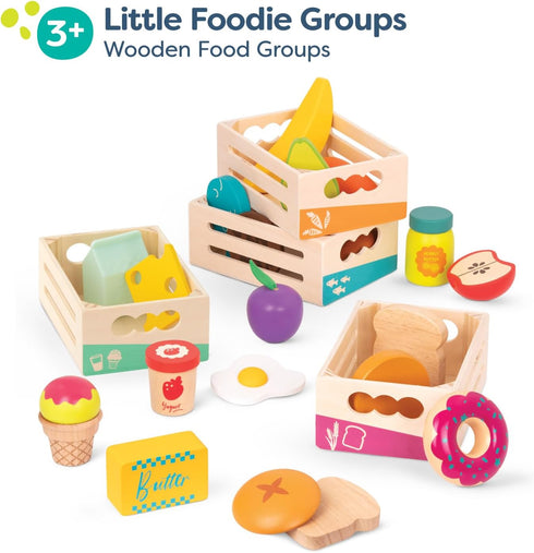 24-Piece 3+ B. toys Little Foodie Groups Wooden Grocery Toy with Categorized Food Crates Encourage Sorting, Healthy