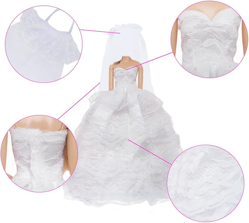 11.5 inch Doll Wedding Dress Handmade Gown White Bride Veil Evening Party Princess Outfit Clothes for Girl Doll (NO