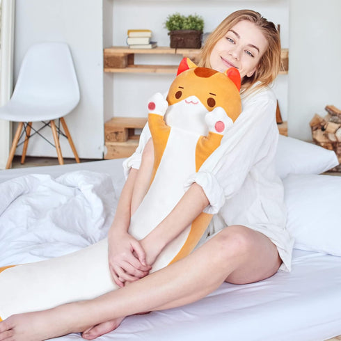 Long Cat Plush Kawaii Body Pillow - 44” Cute Brown Cat Stuffed Animals, Orange Kitten Plush Throw Pillow Gift