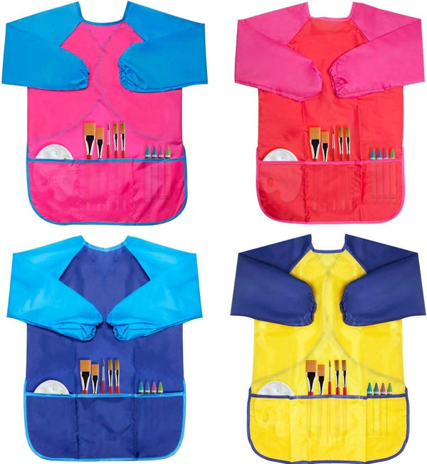 Kids Art Smocks 4 Pack - Waterproof Painting Apron with Long Sleeve and 3 Pockets for Age 3-8 Years