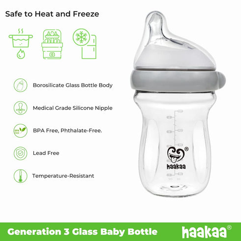 3 6 oz/160 ml, 1 Haakaa Generation Glass Baby Bottle PK (Grey)