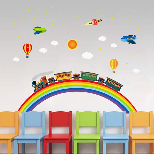 Rainbow Train Wall Stickers DIY Rocket Airplane Wall Decals Art Decor for Kids Nursery Bedroom