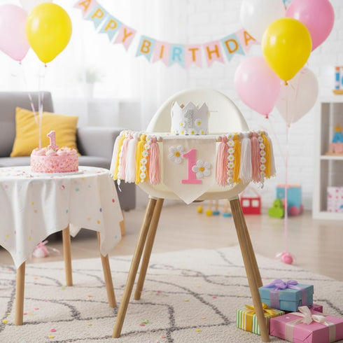 1st First Birthday High Chair Banner Decorations for Girl,Daisy First Crown Hat,Baby Girl Birthday Decorations Tassel