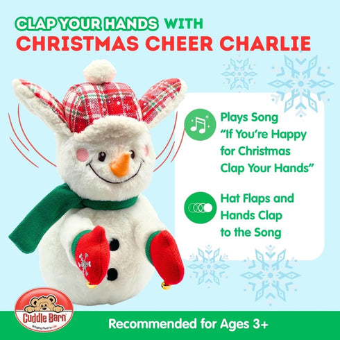 13" Animated Plush Snowman |Christmas Cheer Charlie - Claps Hands and Ears Flap to Song - If You're Happy for Xmas Clap