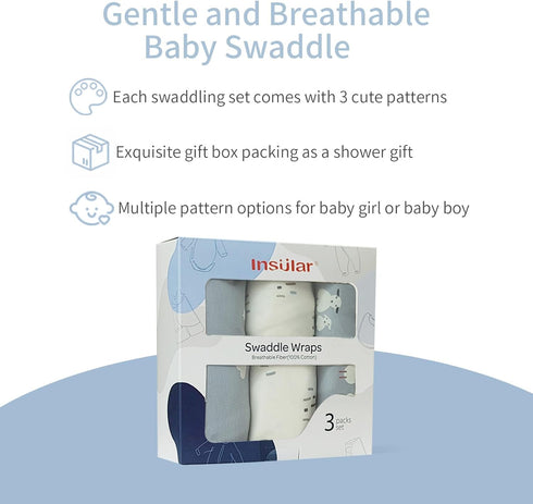 Set 3 Pack, Medium(3-6 insular Baby Swaddle Wrap, Swaddle Blanket for Newborn and Infant, Adjustable Velcro Swaddling