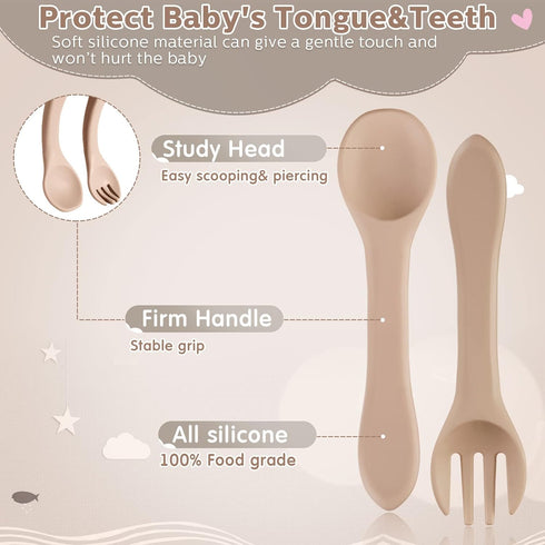 6 Pieces Silicone Baby Feeding Forks and Spoons Set, Mini Kids Utensils for 6 Months and Up (Cream Color)