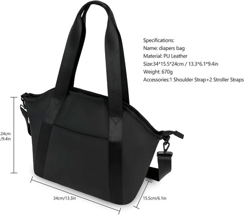 Stylish Black PU Diaper Bag Tote with Wet Bag & Stroller Hooks