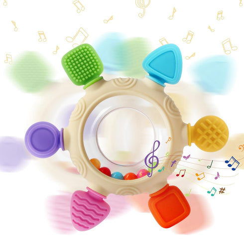 0-6 6-12 0-24Months Baby Teething Rings Toys for Months Baby Rattle Teether Sensory Toys for Babies Silicone Teether