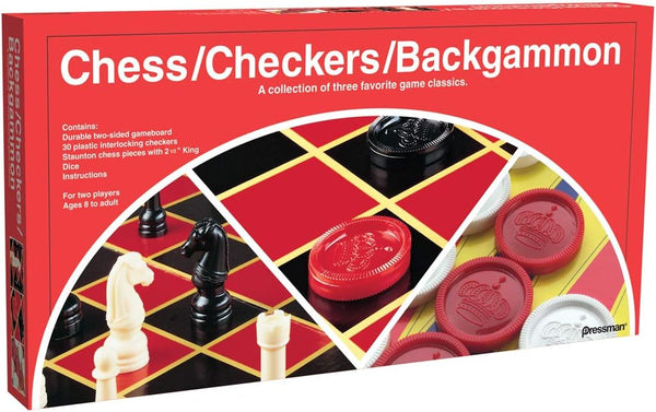 Pressman Chess / Checkers / Backgammon - 3 Games in One with Full Size Staunton Pieces, 15.62 x 8.00 x 1.50 Inches