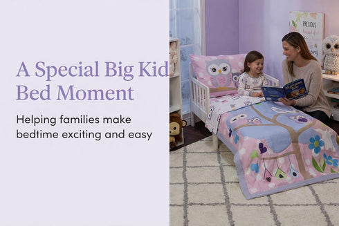 4 Set 100% EVERYDAY KIDS Piece Toddler Bedding - Owls - Soft Cotton Percale - Includes Comforter, Flat Sheet, Fitted