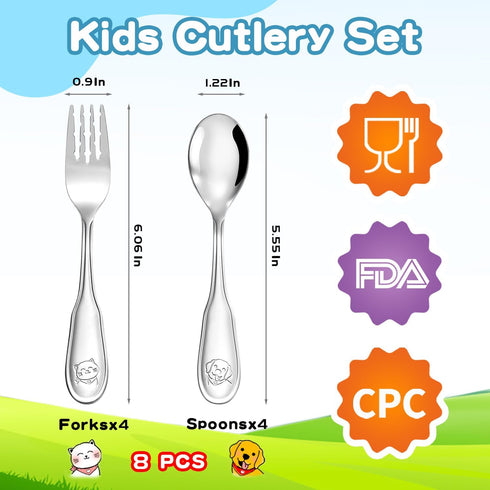 Toddler-Utensils-Kids-Silverware-Set, 8 PCS 18/10 Stainless Steel Toddler Forks and Spoons, Round Edges Children Cutlery Set with Dog & Cat Pattern, Non-slip Fork, Mirror Polished, Dishwasher Safe by Fiwarex
