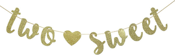 Two Sweet 2nd Birthday Banner - I'm Two Party Decor, Candy Bar and Ice Cream Theme (Gold Glitter)