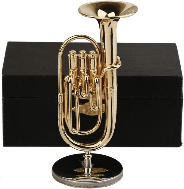 Dselvgvu Miniature Copper Baritone Horn with Stand and Case, Mini Musical Instrument for Dollhouse Decoration