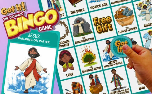 2-in-1 24 6+ Got It! The Catholic Bingo Game - Saints & Church Edition - Double-Sided Laminated Cards with Real Chips