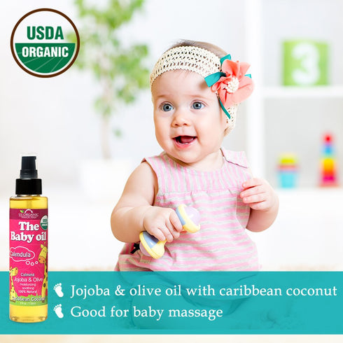 US Organic Baby Oil with Calendula, Smooth Caribbean Coconut, 135ml, Certified Organic by USDA