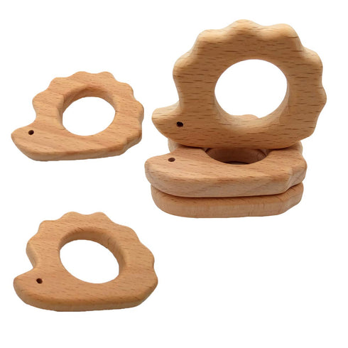 2pcs Natural Wooden Hedgehog Teething Pendant, Pure Beech Wood Animal Teether Shape for Handmade Accessories