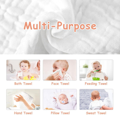 White-10 Pack, 10"x10" AIDEA Baby Washcloths and Burp Cloths, Absorbent Cotton Muslin Baby Towels, Large Soft