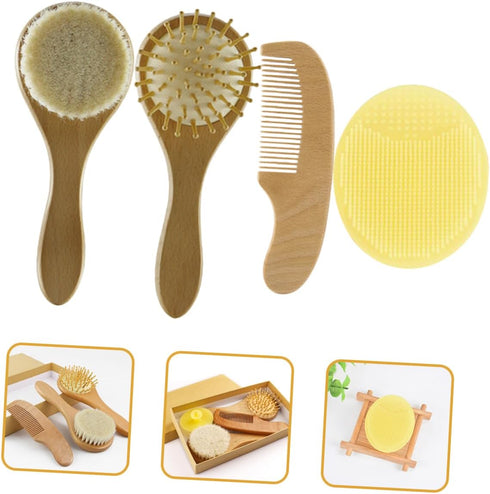 Set HANABASS Newborn Baby Hair Brush Wool Brush Wooden Comb Silicone Scrubber for Gentle Grooming