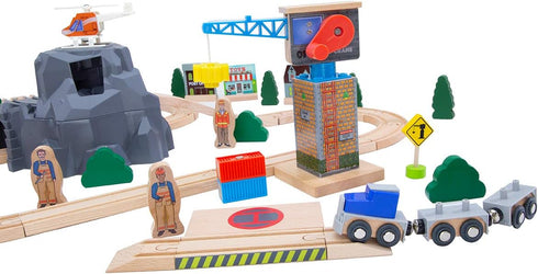 ORBRIUM Lift and Load Wooden Train Set - Magnetic Crane, Helicopter, Diesel Engine, Semi-Truck, Shipping Container,