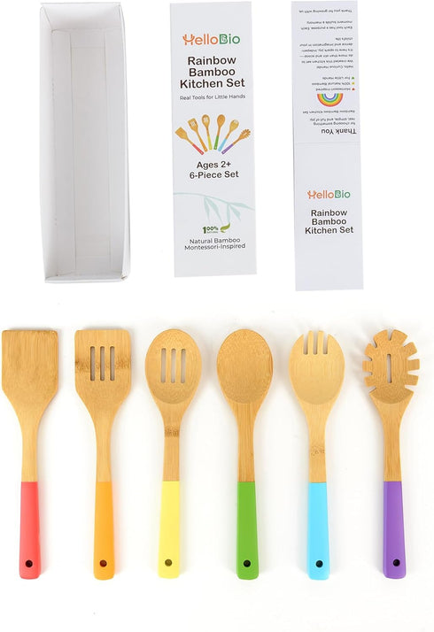 Set 6-Piece 2+ Rainbow Bamboo Kitchen Utensil for Kids Montessori-Inspired Real Cooking Tools | Ages | Natural Bamboo |