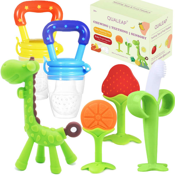 Medical-Grade Teething Toys for Babies 0-18 Months, BPA Free with 2 Baby Fruit Feeders and 4 Teethers, Green