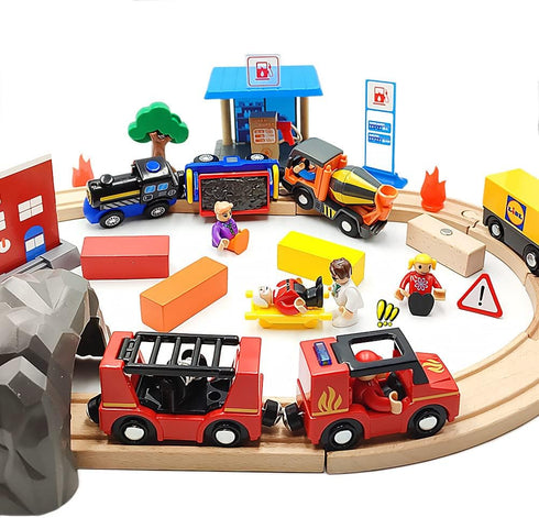 DSHMIXIA Set Wooden Train Cars Track Accessories Rescue Fire Truck Small Vehicles Magnetic Train Cars Fit for Wooden