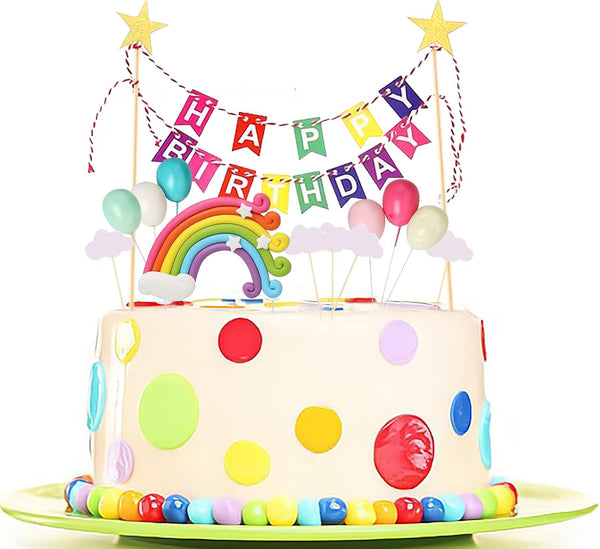 15-Piece Rainbow Cake Topper Decoration Set, Colorful Clouds, Balloons, Stars for Boy Girl Kid Birthday Baby Shower