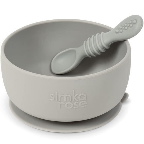 Simka Rose Baby Bowl & Spoon Set, Suction Bowls for Toddler, BPA-Free Silicone, Dishwasher & Microwave Safe (Grey)