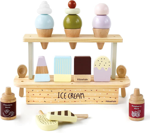 Wooden Ice Cream Toy Set, Pretend Play Food Toys, Ice Cream Counter for Kids, Kitchen Accessories for Toddlers