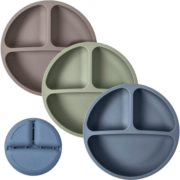 WeeSprout Silicone Plates for Babies & Toddlers, 3 Pack, 100% Food-Grade, Divided Design, Dishwasher & Microwave Safe