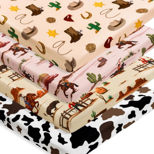 FIGEPO 4 Pack (Pack Western Cowboy Crib Sheets Neutral Breathable Fitted Baby Sheets Nursery Sheets for Baby Boys