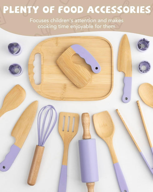 Biticolor Set 15PCS Wooden Kids Cooking Montessori Kit - Real Toddler Kitchen Tools & Baking Utensils - Cooking Kit