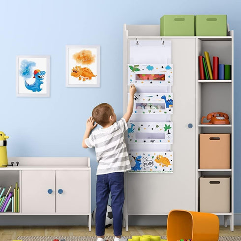 4 Closet WERNNSAI Dinosaur Over Door Hanging Organizer - Behind Door Storage with Clear Window Pockets for Baby Boys