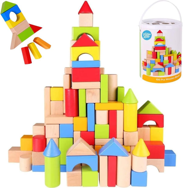 Pidoko Kids Building Blocks for Toddlers 1-3, 100 Pcs Wooden Blocks -