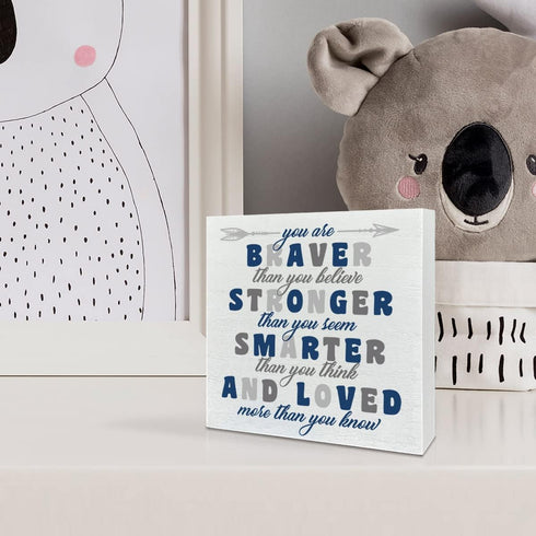 NKBINLILI Nursery Boys Room Wooden Box Sign - You Are Braver Than You Believe, Inspirational Baby Bedroom Desk Decor