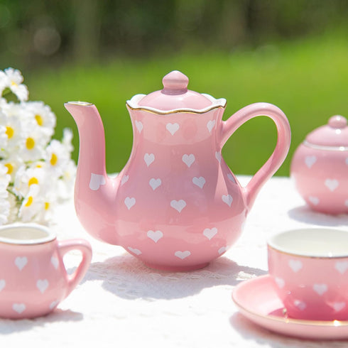 Set 3-8, Set TUZT Tea Party for Little Girls Ages Pink Heart Porcelain Tea with Gold Trim Edges, Princess Tea Time Toy