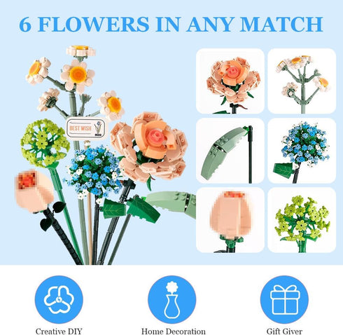OSDUE Sets, 680 Mini Bricks Flower Bouquet Building Artificial Flowers, DIY Unique Decoration Home, Pieces Botanical