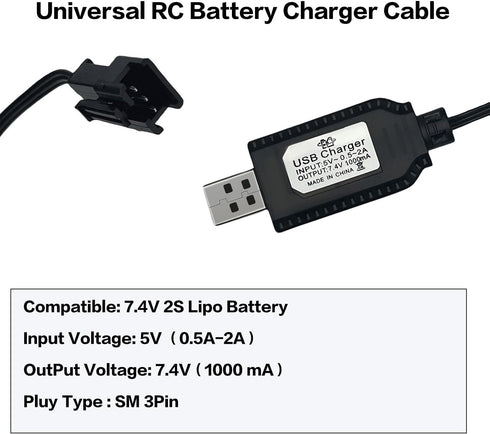 BaiWeiDun 7.4V SM-3PIN 7.4V 2S 1) USB Charger Cable with Plug Compatible RC Car RC Plane RC Tank RC Boat and Other