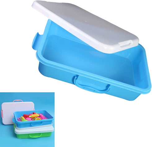 Xinsheinelry Set Box,Stackable Sand Tray with Lid Stickers Portable Sensory Bin for Kids Art Storage Blue Green