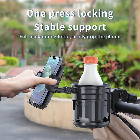 HoneTeek 3-in-1 360 Stroller Cup Phone Holder, Multifunctional Stroller Cup Holder Attachment with Adjustable Phone